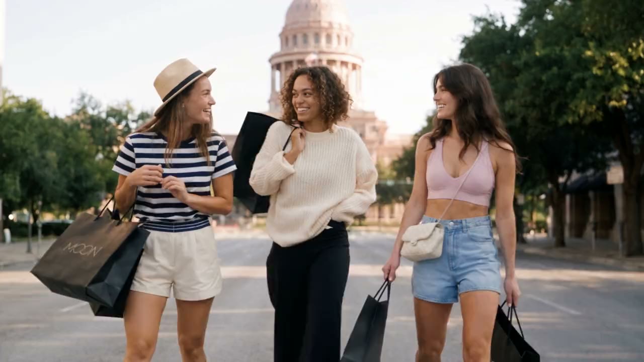 Three friends walking down Congress Avenue in Austin with black THE MOON bags